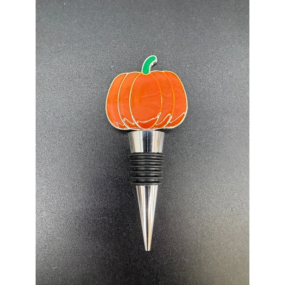 Orange Pumpkin Wine Bottle Stopper Silver Tone Metal Fall Thanksgiving Decor